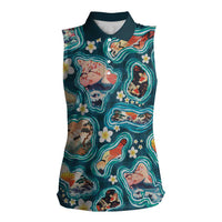 Hawaiian and Japanese Culture Together Women Sleeveless Polo Shirt Hawaiian Island Shapes with Japanese Landscape Teal Color LT03 Female Teal - Polynesian Pride