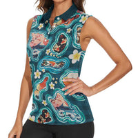 Hawaiian and Japanese Culture Together Women Sleeveless Polo Shirt Hawaiian Island Shapes with Japanese Landscape Teal Color LT03 - Polynesian Pride