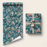 Hawaiian and Japanese Culture Together Wrapping Paper Hawaiian Island Shapes with Japanese Landscape Teal Color LT03 58" × 23" Teal - Polynesian Pride