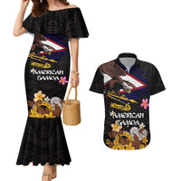 American Samoa Fue and Kava Bowl Couples Matching Mermaid Dress and Hawaiian Shirt Plumeria and Polynesian Pattern LT03 Black - Polynesian Pride