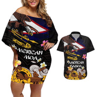 American Samoa Fue and Kava Bowl Couples Matching Off Shoulder Short Dress and Hawaiian Shirt Plumeria and Polynesian Pattern LT03 Black - Polynesian Pride