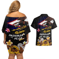 American Samoa Fue and Kava Bowl Couples Matching Off Shoulder Short Dress and Hawaiian Shirt Plumeria and Polynesian Pattern LT03 - Polynesian Pride