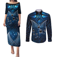 New Zealand Matariki Couples Matching Puletasi and Long Sleeve Button Shirt Maori Pattern and Kiwi Bird Haka Dance Sky Night LT03 Blue - Polynesian Pride