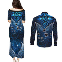 New Zealand Matariki Couples Matching Puletasi and Long Sleeve Button Shirt Maori Pattern and Kiwi Bird Haka Dance Sky Night LT03 - Polynesian Pride