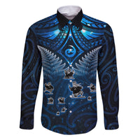 New Zealand Matariki Family Matching Long Sleeve Bodycon Dress and Hawaiian Shirt Maori Pattern and Kiwi Bird Haka Dance Sky Night LT03 Dad's Shirt - Long Sleeve Blue - Polynesian Pride