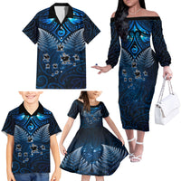 New Zealand Matariki Family Matching Off The Shoulder Long Sleeve Dress and Hawaiian Shirt Maori Pattern and Kiwi Bird Haka Dance Sky Night LT03 - Polynesian Pride