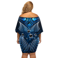New Zealand Matariki Family Matching Off Shoulder Short Dress and Hawaiian Shirt Maori Pattern and Kiwi Bird Haka Dance Sky Night LT03 - Polynesian Pride