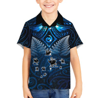 New Zealand Matariki Family Matching Off Shoulder Short Dress and Hawaiian Shirt Maori Pattern and Kiwi Bird Haka Dance Sky Night LT03 Son's Shirt Blue - Polynesian Pride