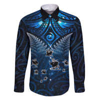 New Zealand Matariki Family Matching Short Sleeve Bodycon Dress and Hawaiian Shirt Maori Pattern and Kiwi Bird Haka Dance Sky Night LT03 Dad's Shirt - Long Sleeve Blue - Polynesian Pride