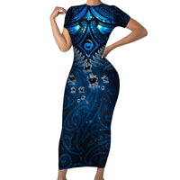 New Zealand Matariki Family Matching Short Sleeve Bodycon Dress and Hawaiian Shirt Maori Pattern and Kiwi Bird Haka Dance Sky Night LT03 Mom's Dress Blue - Polynesian Pride