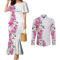 Hawaii Tropical Leaves and Flowers Couples Matching Mermaid Dress and Long Sleeve Button Shirt Tribal Polynesian Pattern White Style LT03 White - Polynesian Pride