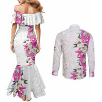 Hawaii Tropical Leaves and Flowers Couples Matching Mermaid Dress and Long Sleeve Button Shirt Tribal Polynesian Pattern White Style LT03 - Polynesian Pride