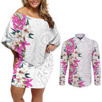 Hawaii Tropical Leaves and Flowers Couples Matching Off Shoulder Short Dress and Long Sleeve Button Shirt Tribal Polynesian Pattern White Style