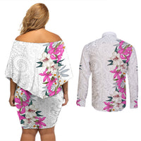 Hawaii Tropical Leaves and Flowers Couples Matching Off Shoulder Short Dress and Long Sleeve Button Shirt Tribal Polynesian Pattern White Style LT03 - Polynesian Pride