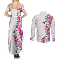 Hawaii Tropical Leaves and Flowers Couples Matching Summer Maxi Dress and Long Sleeve Button Shirt Tribal Polynesian Pattern White Style