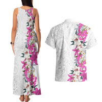 Hawaii Tropical Leaves and Flowers Couples Matching Tank Maxi Dress and Hawaiian Shirt Tribal Polynesian Pattern White Style