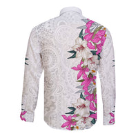 Hawaii Tropical Leaves and Flowers Long Sleeve Button Shirt Tribal Polynesian Pattern White Style
