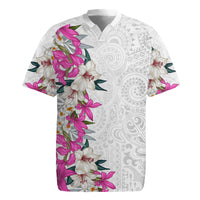 Hawaii Tropical Leaves and Flowers Rugby Jersey Tribal Polynesian Pattern White Style