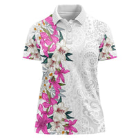 Hawaii Tropical Leaves and Flowers Women Polo Shirt Tribal Polynesian Pattern White Style