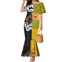 Aotearoa New Zealand And Australia Basketball Custom Family Matching Mermaid Dress and Hawaiian Shirt Maori Tribal Tattoo And Aboriginal Dot Art Heritage LT03 Mom's Dress Multicolor - Polynesian Pride