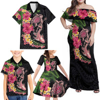 Hawaiian Tropical Plants Turtle and Shark Family Matching Off Shoulder Maxi Dress and Hawaiian Shirt Polynesian Art Tattoo LT03 - Polynesian Pride