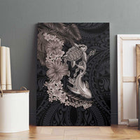 Hawaiian Tropical Plants Turtle and Shark Canvas Wall Art Polynesian Art Tattoo Grayscale Color