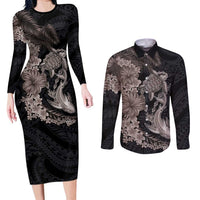 Hawaiian Tropical Plants Turtle and Shark Couples Matching Long Sleeve Bodycon Dress and Long Sleeve Button Shirt Polynesian Art Tattoo Grayscale Color LT03 Black - Polynesian Pride