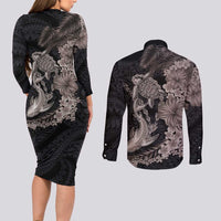 Hawaiian Tropical Plants Turtle and Shark Couples Matching Long Sleeve Bodycon Dress and Long Sleeve Button Shirt Polynesian Art Tattoo Grayscale Color LT03 - Polynesian Pride