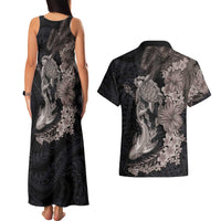 Hawaiian Tropical Plants Turtle and Shark Couples Matching Tank Maxi Dress and Hawaiian Shirt Polynesian Art Tattoo Grayscale Color LT03 - Polynesian Pride