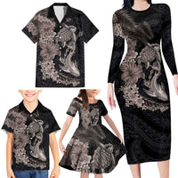 Hawaiian Tropical Plants Turtle and Shark Family Matching Long Sleeve Bodycon Dress and Hawaiian Shirt Polynesian Art Tattoo Grayscale Color LT03 - Polynesian Pride