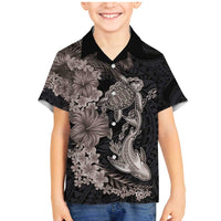 Hawaiian Tropical Plants Turtle and Shark Family Matching Mermaid Dress and Hawaiian Shirt Polynesian Art Tattoo Grayscale Color LT03 Son's Shirt Black - Polynesian Pride