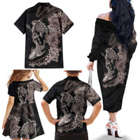 Hawaiian Tropical Plants Turtle and Shark Family Matching Off The Shoulder Long Sleeve Dress and Hawaiian Shirt Polynesian Art Tattoo Grayscale Color