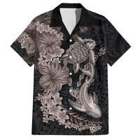 Hawaiian Tropical Plants Turtle and Shark Family Matching Off Shoulder Maxi Dress and Hawaiian Shirt Polynesian Art Tattoo Grayscale Color LT03 Dad's Shirt - Short Sleeve Black - Polynesian Pride