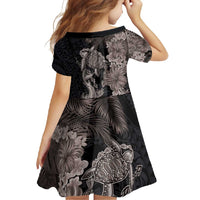 Hawaiian Tropical Plants Turtle and Shark Family Matching Short Sleeve Bodycon Dress and Hawaiian Shirt Polynesian Art Tattoo Grayscale Color LT03 - Polynesian Pride