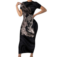 Hawaiian Tropical Plants Turtle and Shark Family Matching Short Sleeve Bodycon Dress and Hawaiian Shirt Polynesian Art Tattoo Grayscale Color LT03 Mom's Dress Black - Polynesian Pride