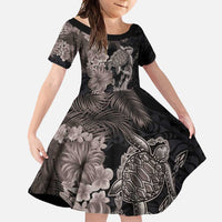 Hawaiian Tropical Plants Turtle and Shark Family Matching Summer Maxi Dress and Hawaiian Shirt Polynesian Art Tattoo Grayscale Color LT03 Daughter's Dress Black - Polynesian Pride