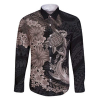 Hawaiian Tropical Plants Turtle and Shark Family Matching Summer Maxi Dress and Hawaiian Shirt Polynesian Art Tattoo Grayscale Color LT03 Dad's Shirt - Long Sleeve Black - Polynesian Pride