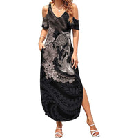 Hawaiian Tropical Plants Turtle and Shark Family Matching Summer Maxi Dress and Hawaiian Shirt Polynesian Art Tattoo Grayscale Color LT03 Mom's Dress Black - Polynesian Pride
