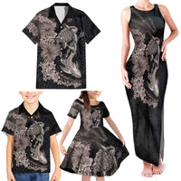 Hawaiian Tropical Plants Turtle and Shark Family Matching Tank Maxi Dress and Hawaiian Shirt Polynesian Art Tattoo Grayscale Color