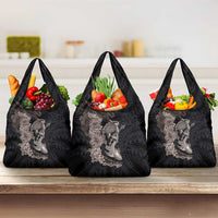 Hawaiian Tropical Plants Turtle and Shark Grocery Bag Polynesian Art Tattoo Grayscale Color