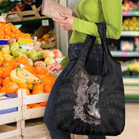 Hawaiian Tropical Plants Turtle and Shark Grocery Bag Polynesian Art Tattoo Grayscale Color