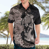 Hawaiian Tropical Plants Turtle and Shark Hawaiian Shirt Polynesian Art Tattoo Grayscale Color