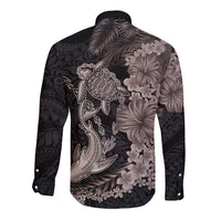 Hawaiian Tropical Plants Turtle and Shark Long Sleeve Button Shirt Polynesian Art Tattoo Grayscale Color