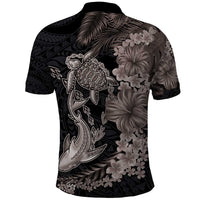 Hawaiian Tropical Plants Turtle and Shark Polo Shirt Polynesian Art Tattoo Grayscale Color