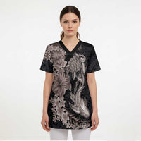 Hawaiian Tropical Plants Turtle and Shark Scrub Top Polynesian Art Tattoo Grayscale Color LT03 - Polynesian Pride