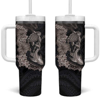 Hawaiian Tropical Plants Turtle and Shark Tumbler With Handle Polynesian Art Tattoo Grayscale Color