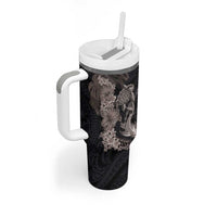 Hawaiian Tropical Plants Turtle and Shark Tumbler With Handle Polynesian Art Tattoo Grayscale Color