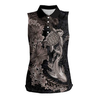 Hawaiian Tropical Plants Turtle and Shark Women Sleeveless Polo Shirt Polynesian Art Tattoo Grayscale Color LT03 Female Black - Polynesian Pride