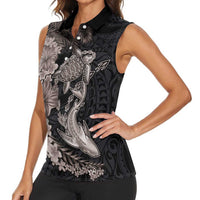 Hawaiian Tropical Plants Turtle and Shark Women Sleeveless Polo Shirt Polynesian Art Tattoo Grayscale Color LT03 - Polynesian Pride