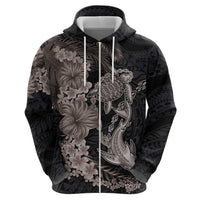 Hawaiian Tropical Plants Turtle and Shark Zip Hoodie Polynesian Art Tattoo Grayscale Color